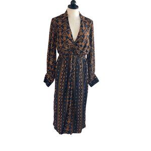 Farm Rio Womens Size Medium Printed Long-Sleeve V-Neck Tie Collared Midi Dress